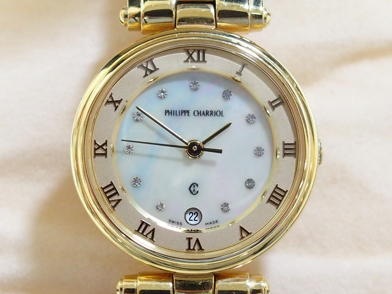 フィリップ・シャリオール レディース腕時計 クォーツ シェル文字盤 11Pダイヤ デイト ワイヤー PHILIPPE CHARRIOL 買取さ
